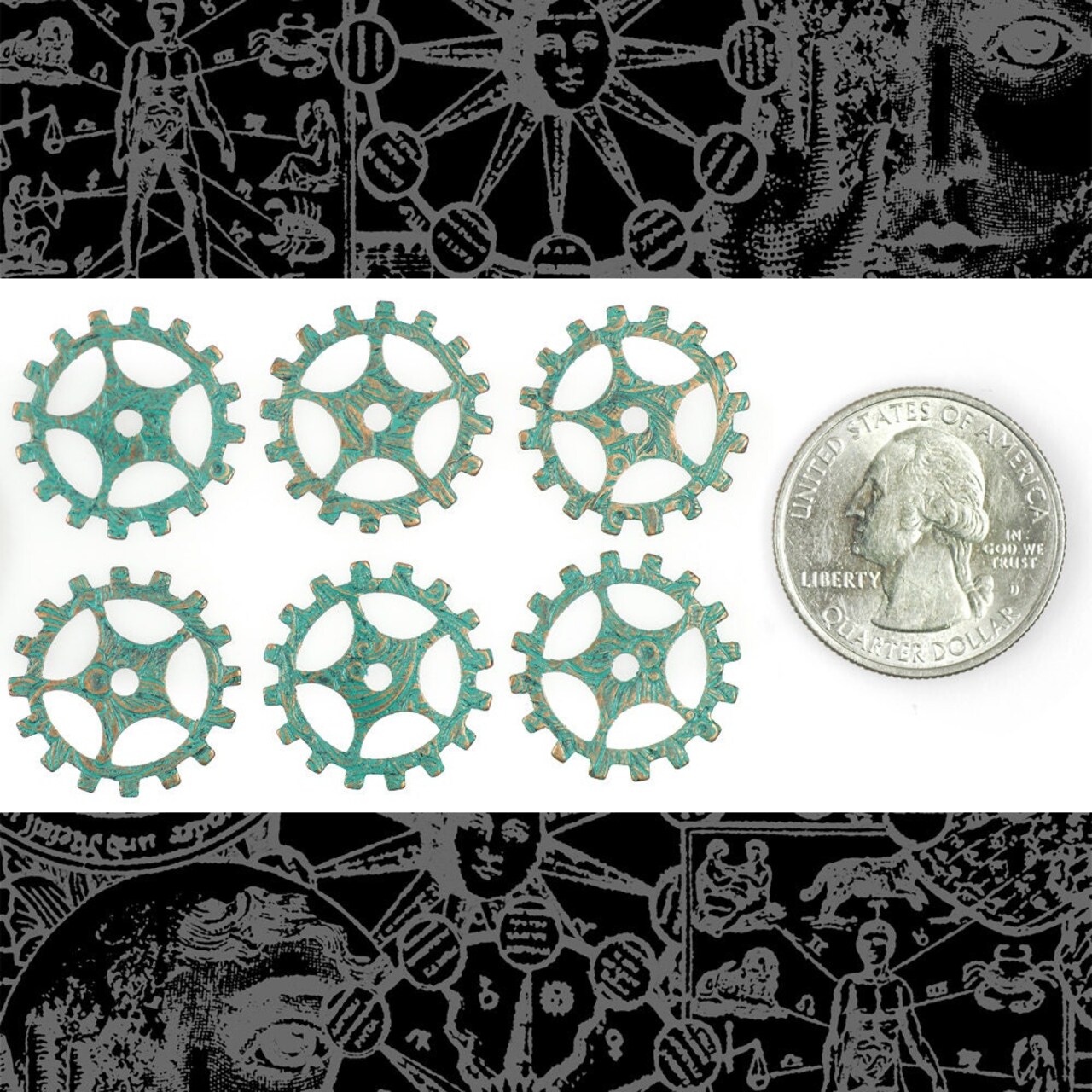 Verdigris Finished Brass 20mm Floral Patterned Etched Steampunk Spoked Wheels Gears Charms - Set of Six - XXX - V-PG04